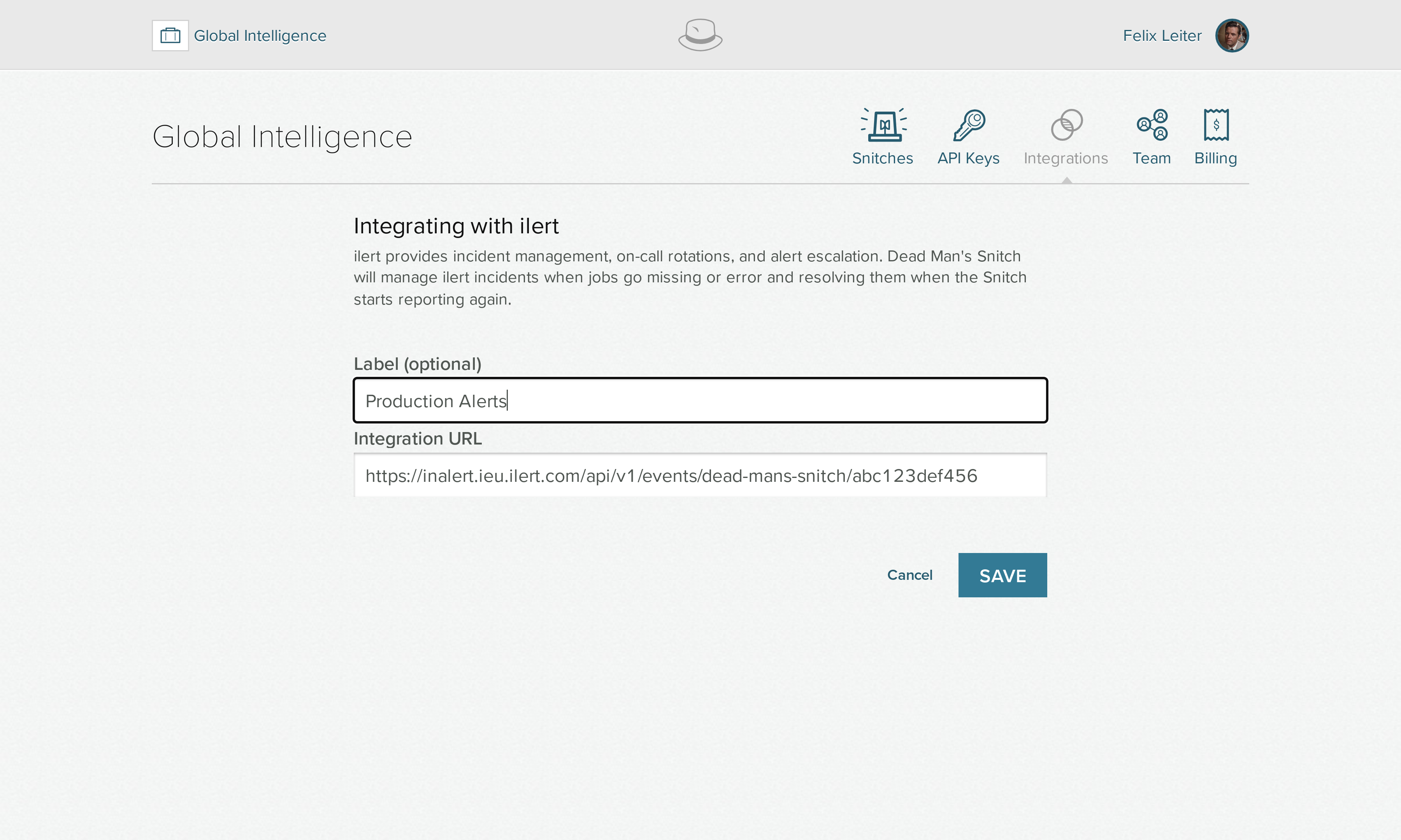 A screenshot of the ilert integration form